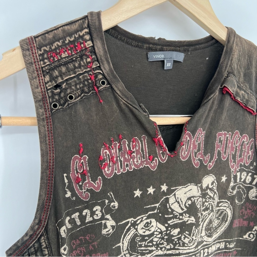 Vince. Grunge biker El Diablo Del Fuego Tank Top Shirt Sleeveless Distressed Vtg - Picture 3 of 12